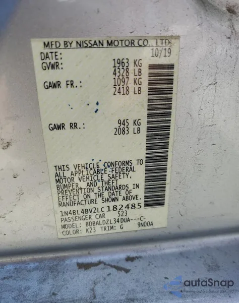2020 Nissan Altima S from USA, damaged, VIN 1N4BL4BV2LC182485